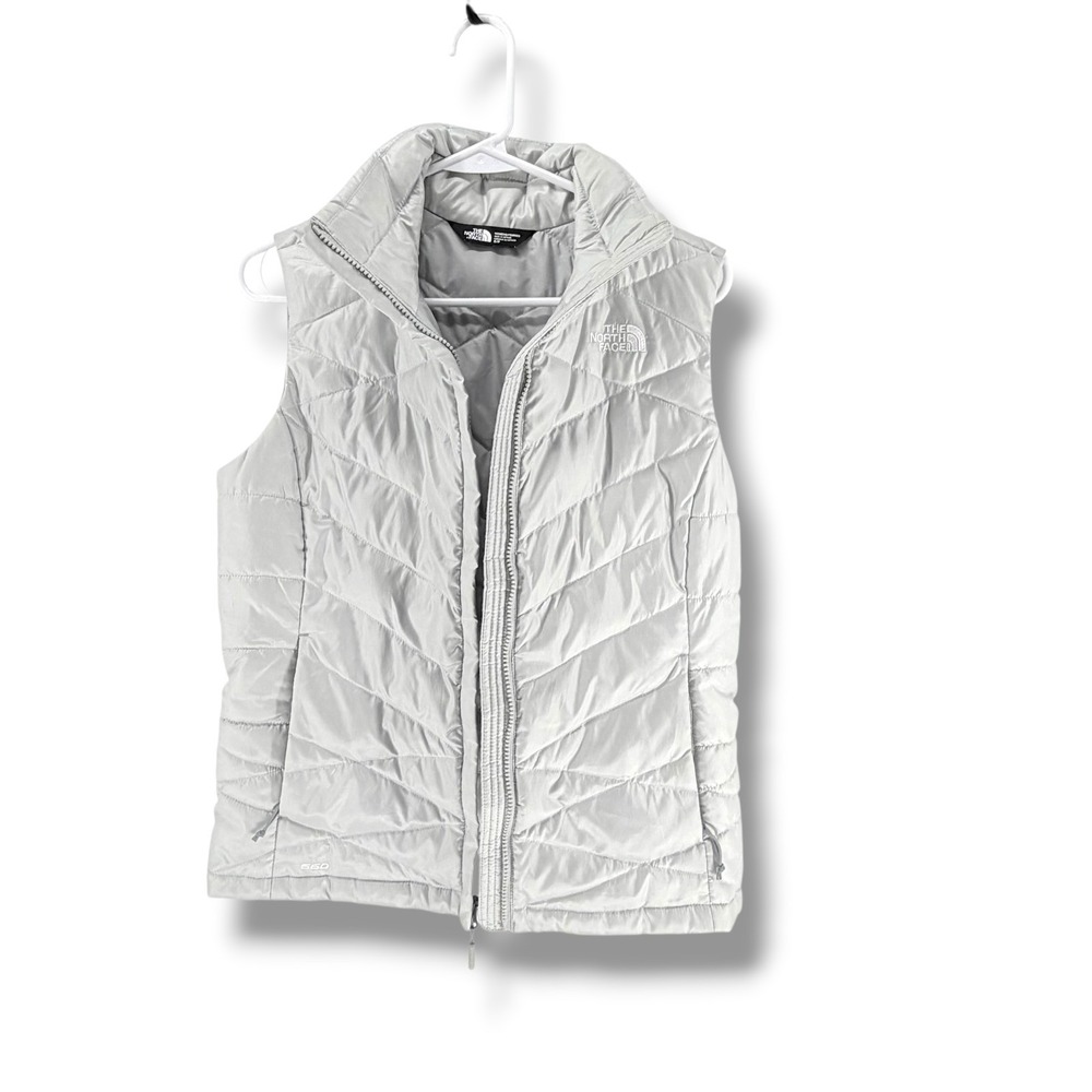 The North Face Womens 550 Down Puffer Vest Light Grey Chevron Quilted Small